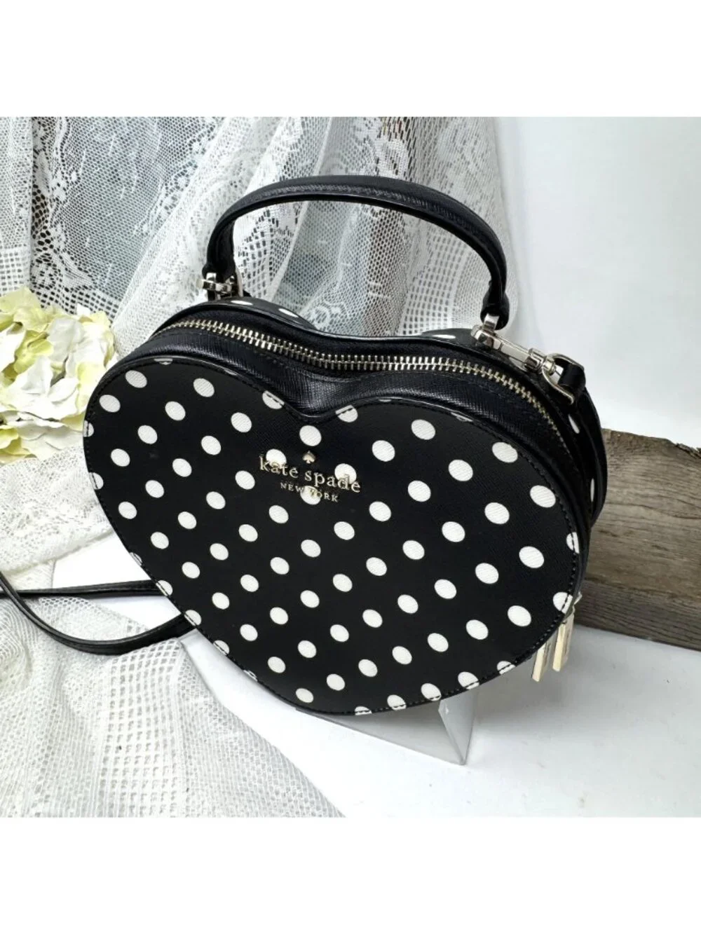 Kate Spade Black & White Polka Dot Heart-Shaped Crossbody Bag With Gold Hardware
